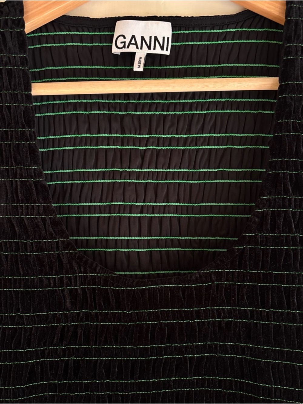 Ganni Black Smocked Cropped Tank Top with Green Stitching - Picture 2 of 8